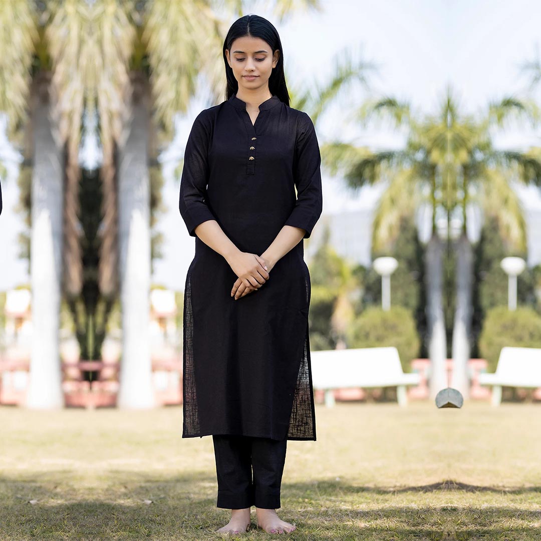 Black Solid Cotton Kurta Pant Set Sarapass Style