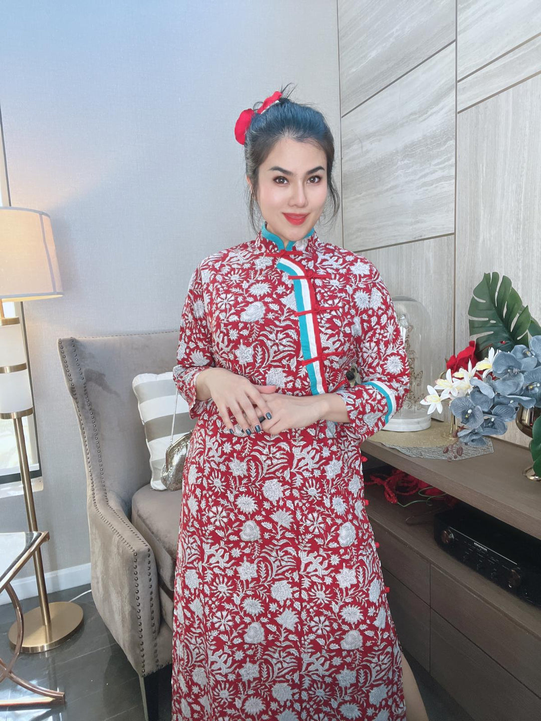 Red Floral Cheongsam dress