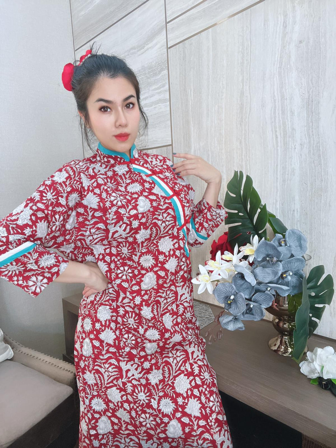 Red Floral Cheongsam dress