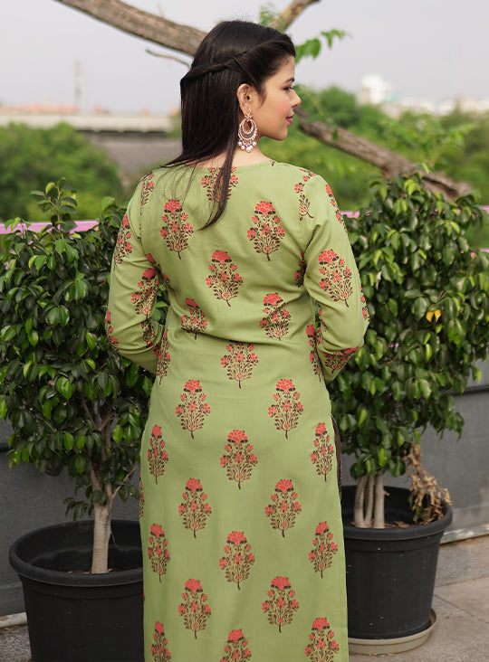 Green Floral Printed Straight Suit Set