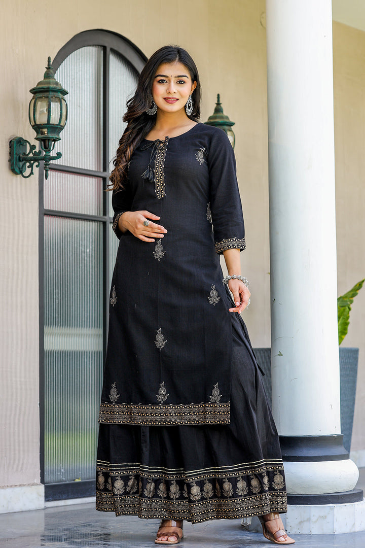 Black Gold Embellished Cotton Kurta Sharara With Dupatta