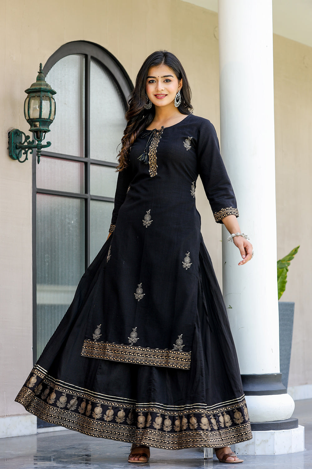 Black Gold Embellished Cotton Kurta Sharara With Dupatta