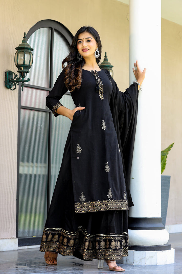 Black Gold Embellished Cotton Kurta Sharara With Dupatta