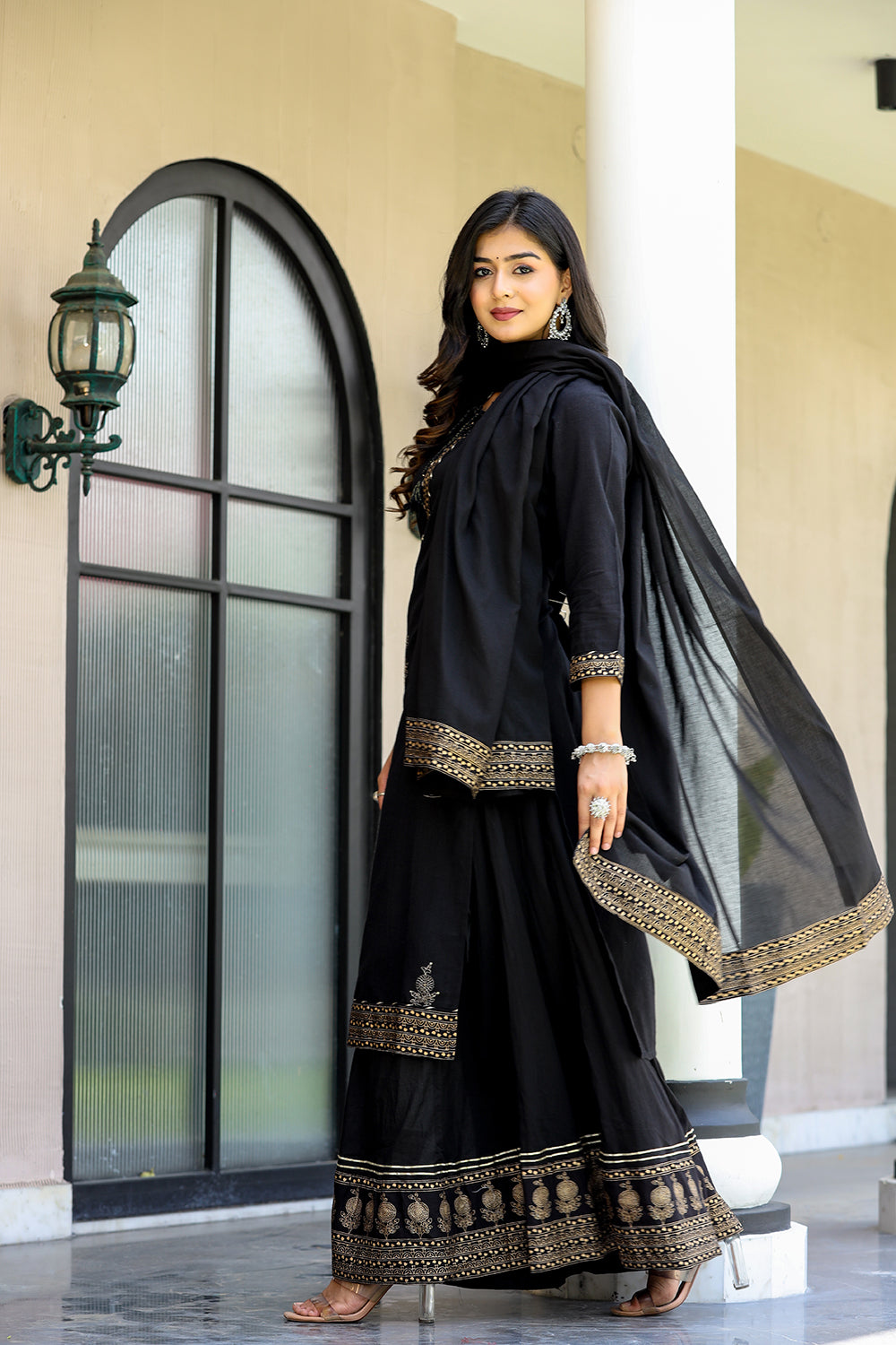 Black Gold Embellished Cotton Kurta Sharara With Dupatta