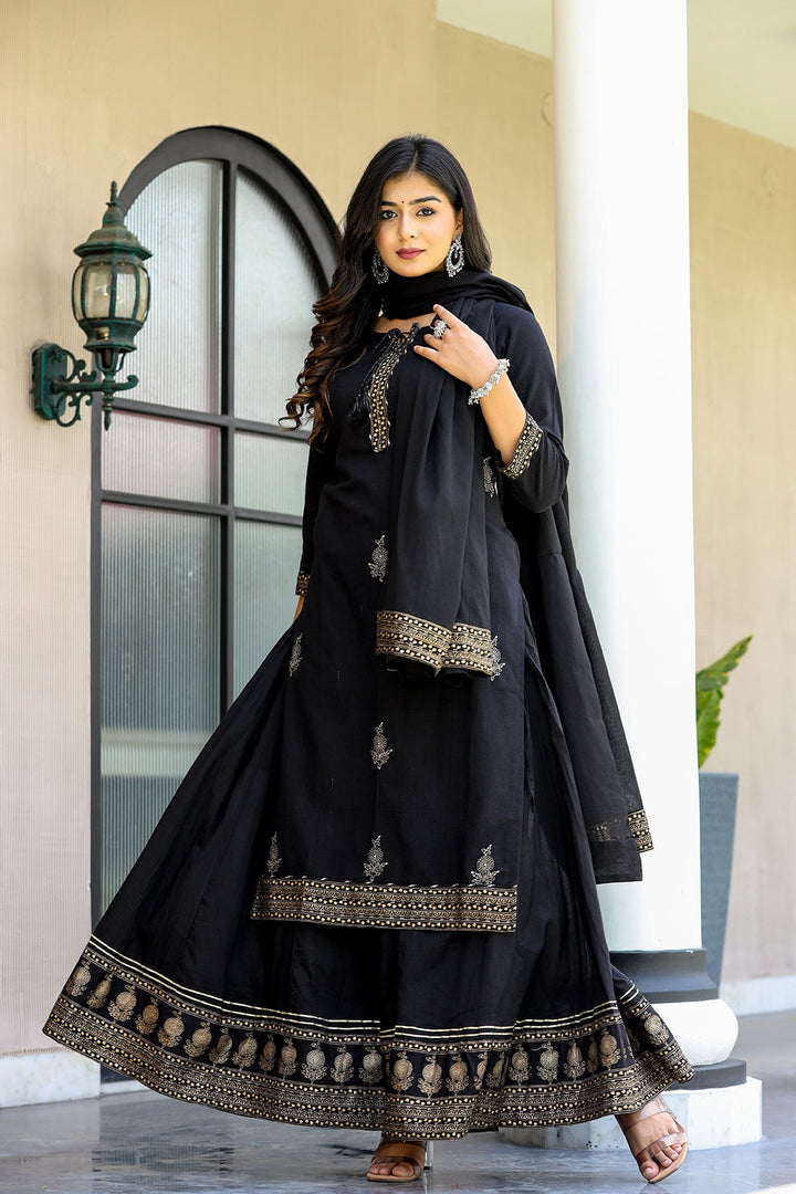 Black Gold Embellished Cotton Kurta Sharara With Dupatta