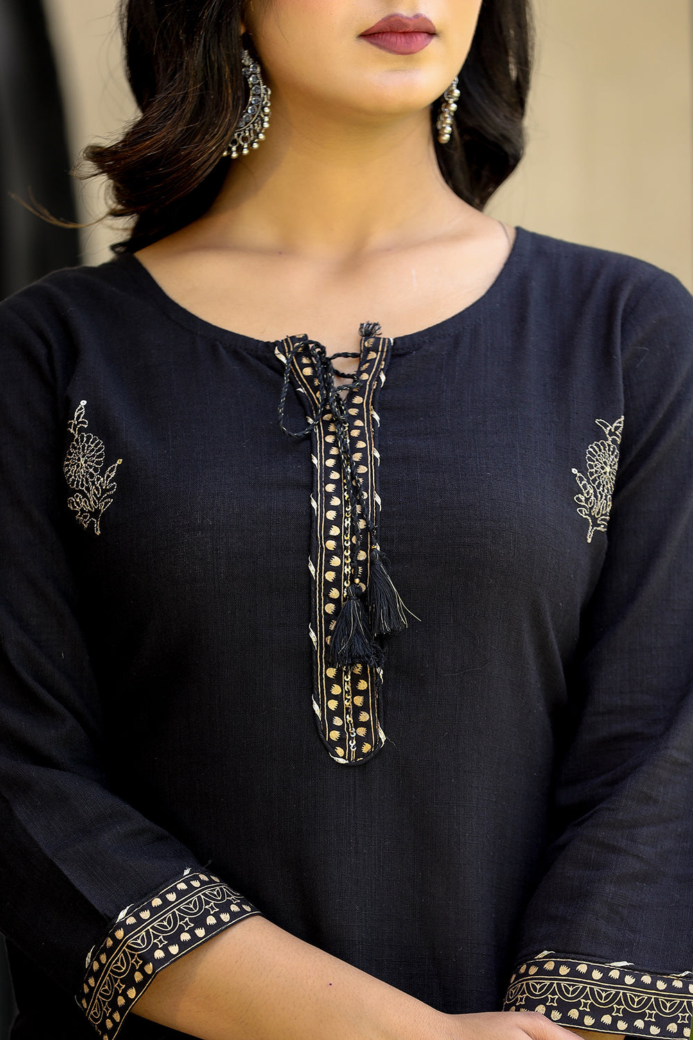 Black Gold Embellished Cotton Kurta Sharara With Dupatta