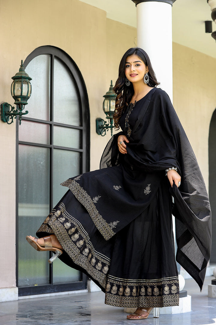 Black Gold Embellished Cotton Kurta Sharara With Dupatta