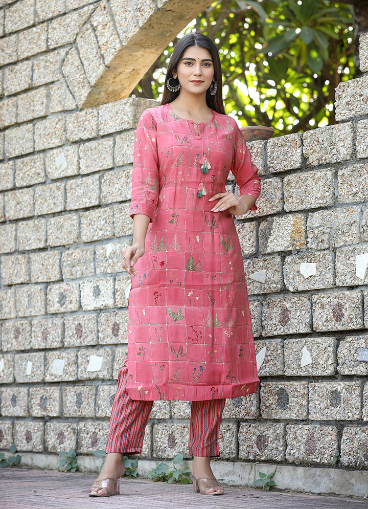 Pink Printed Cotton Kurta Pant Set