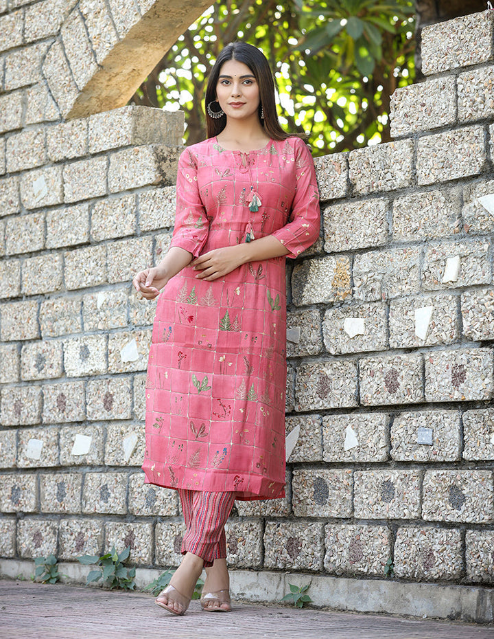 Pink Printed Cotton Kurta Pant Set