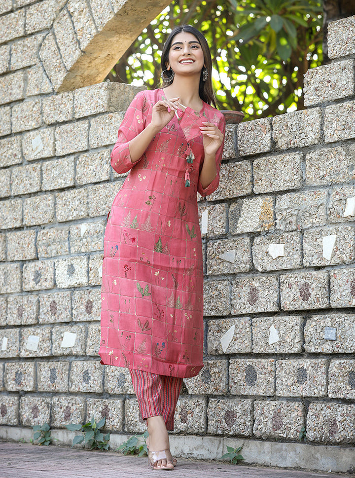 Pink Printed Cotton Kurta Pant Set