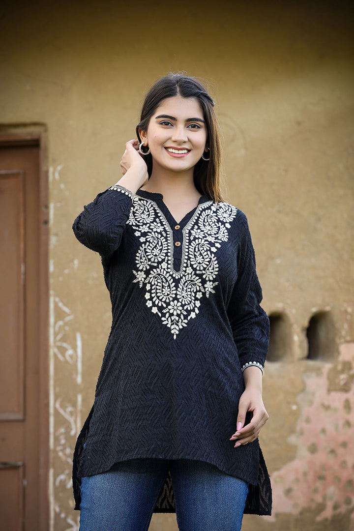 Black Solid Embroidery Cotton Top