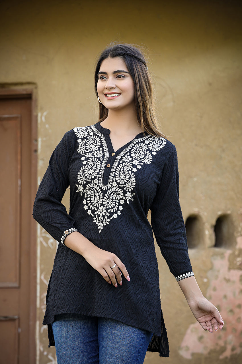 Black Solid Embroidery Cotton Top