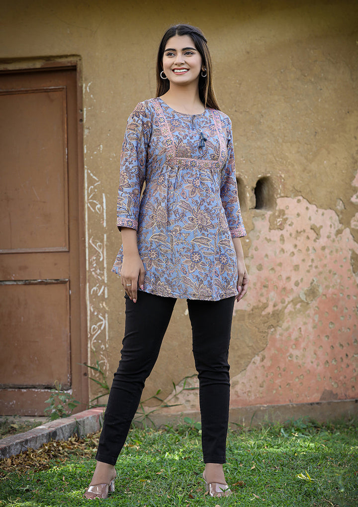 Blue Printed Cotton Top