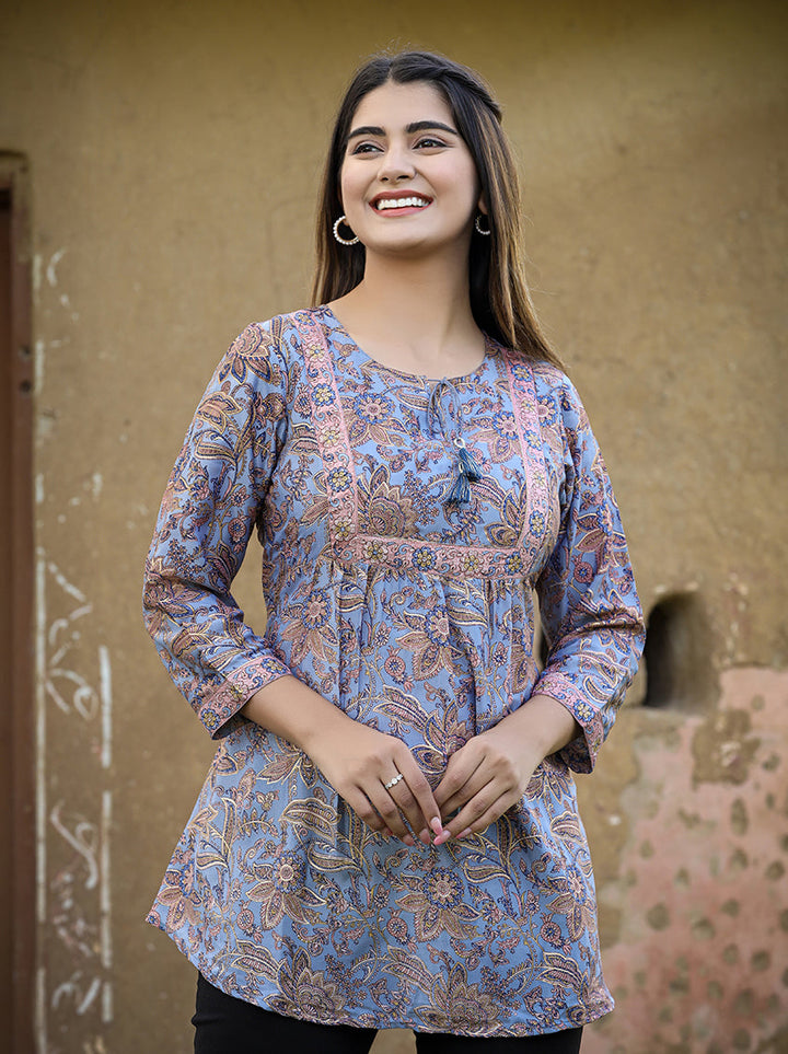 Blue Printed Cotton Top