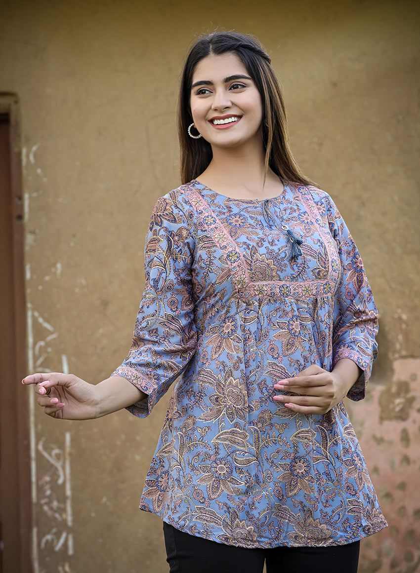 Blue Printed Cotton Top