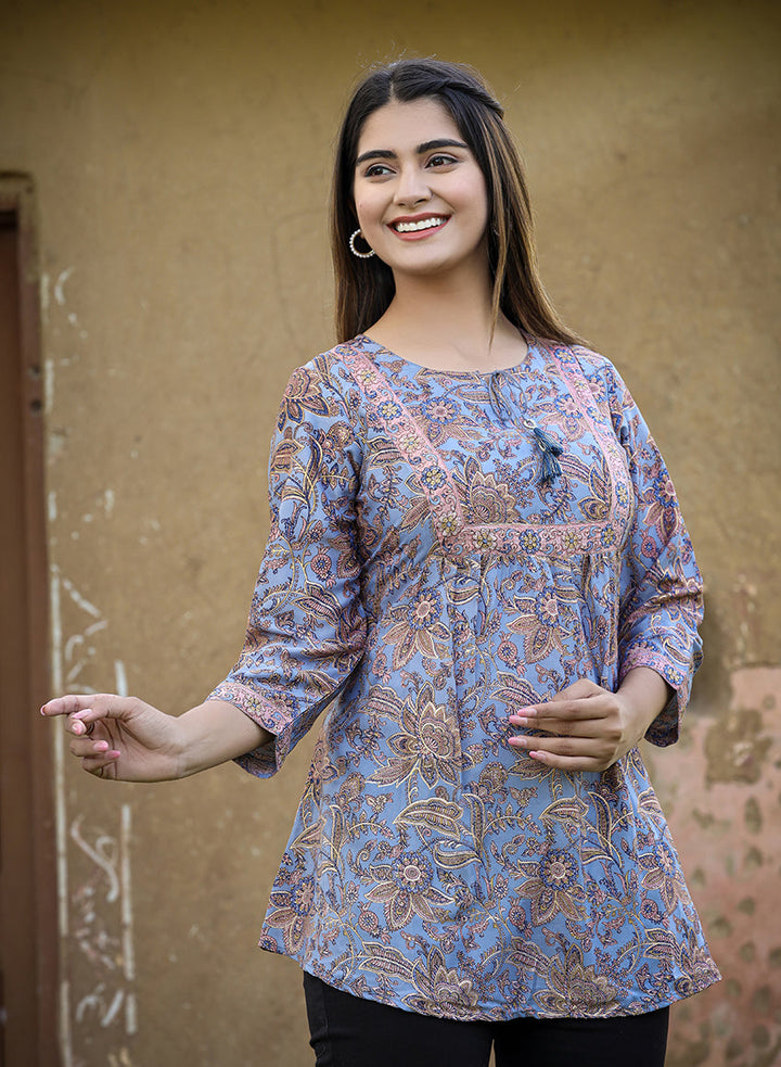 Blue Printed Cotton Top