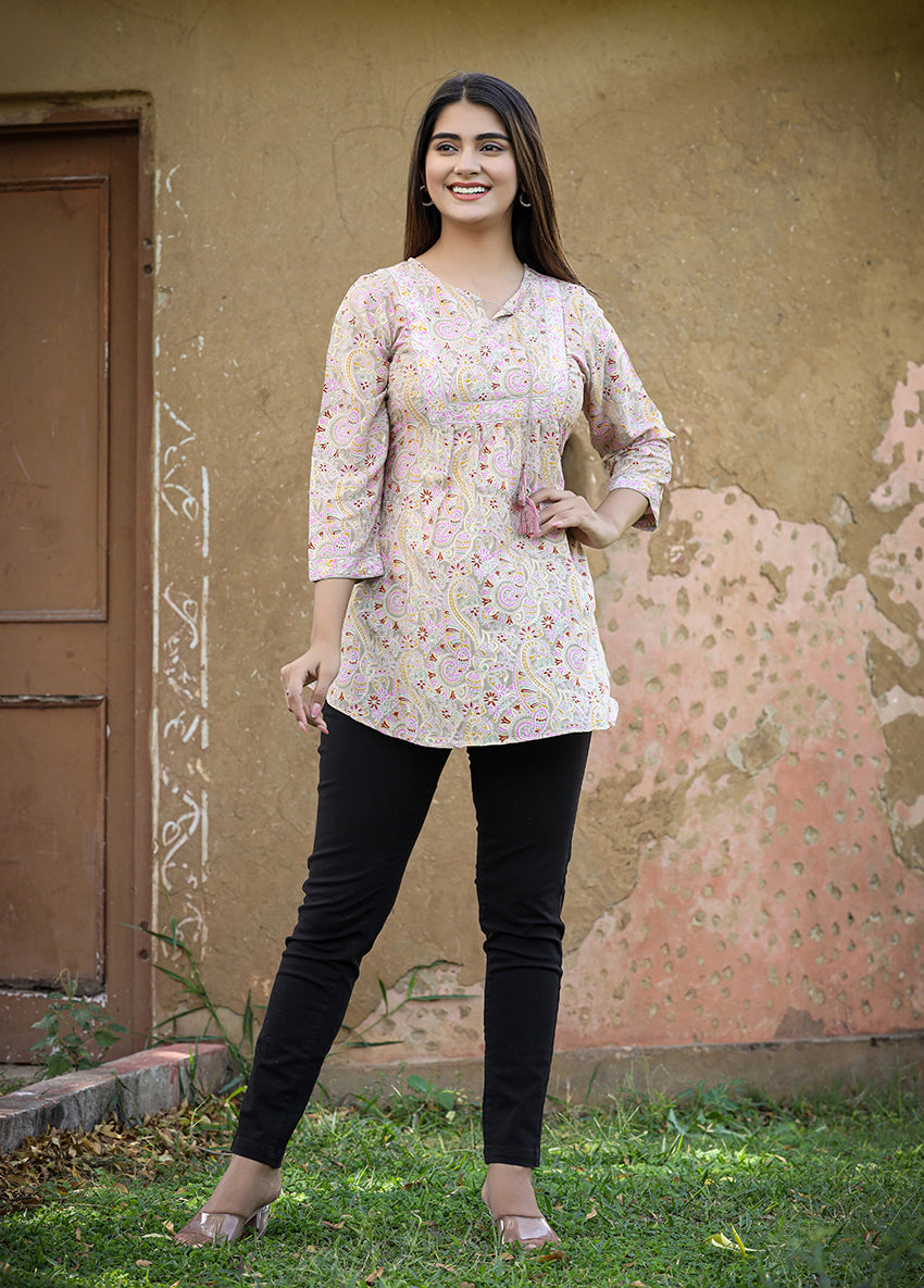 Yellow Cotton Printed Top