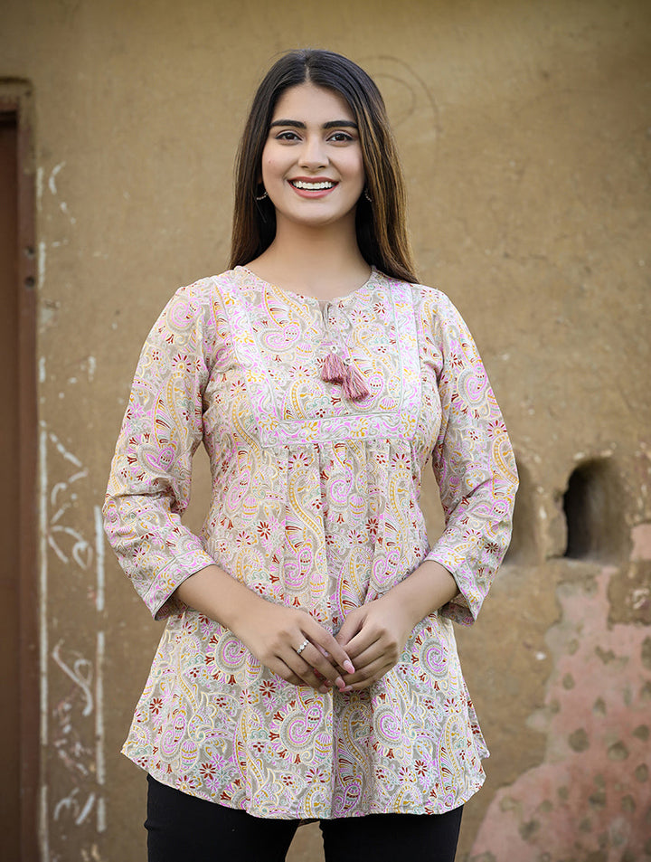 Yellow Cotton Printed Top