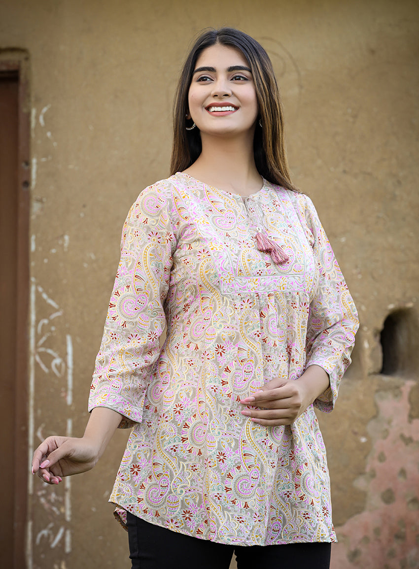 Yellow Cotton Printed Top