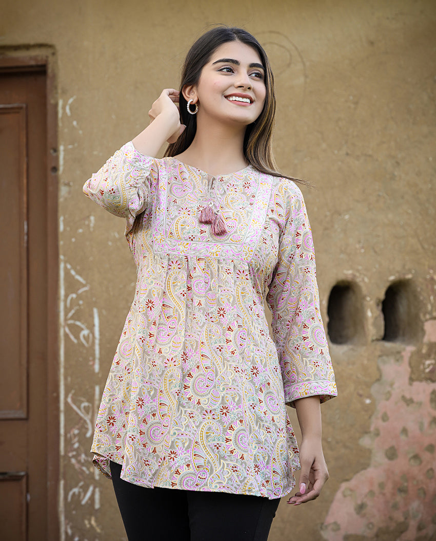 Yellow Cotton Printed Top