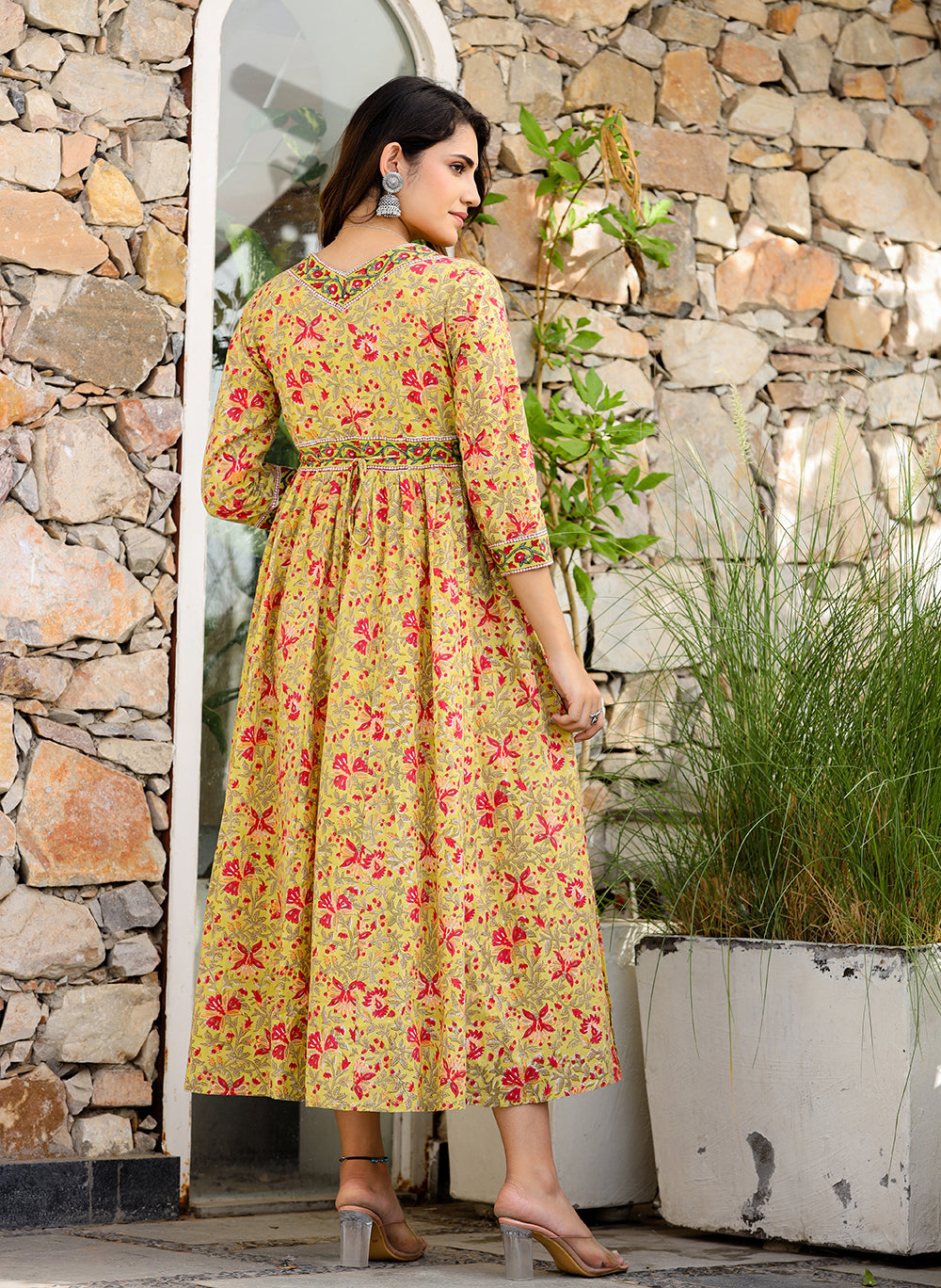 Stylish Mustard Printed Cotton Handblock Dress