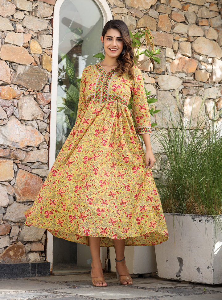 Stylish Mustard Printed Cotton Handblock Dress