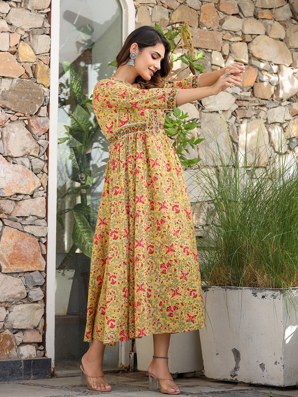 Stylish Mustard Printed Cotton Handblock Dress