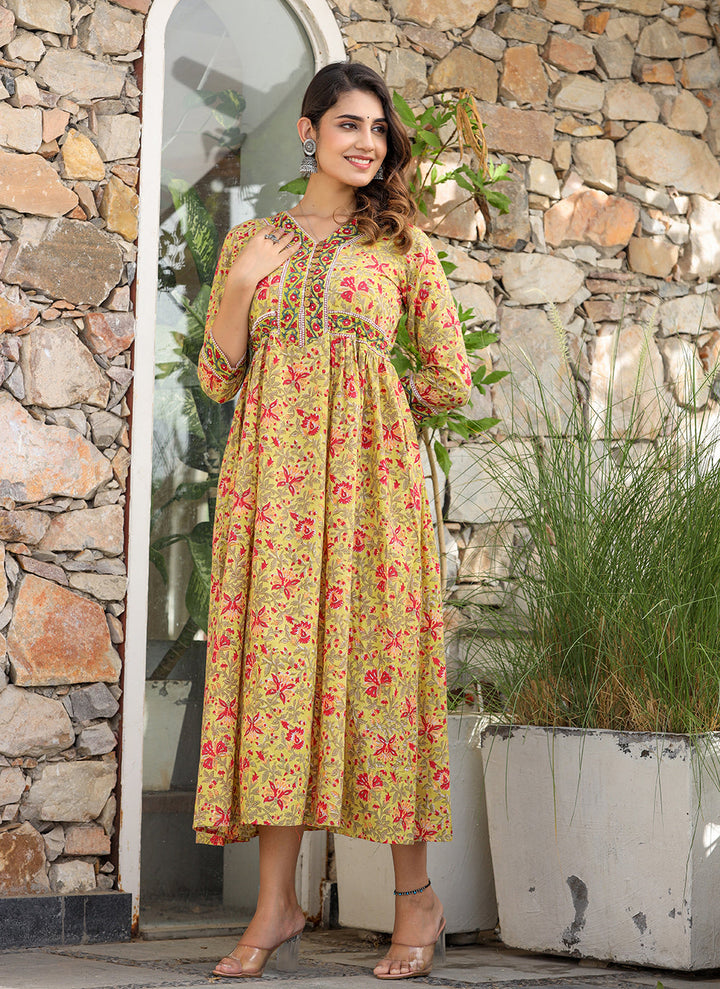 Stylish Mustard Printed Cotton Handblock Dress