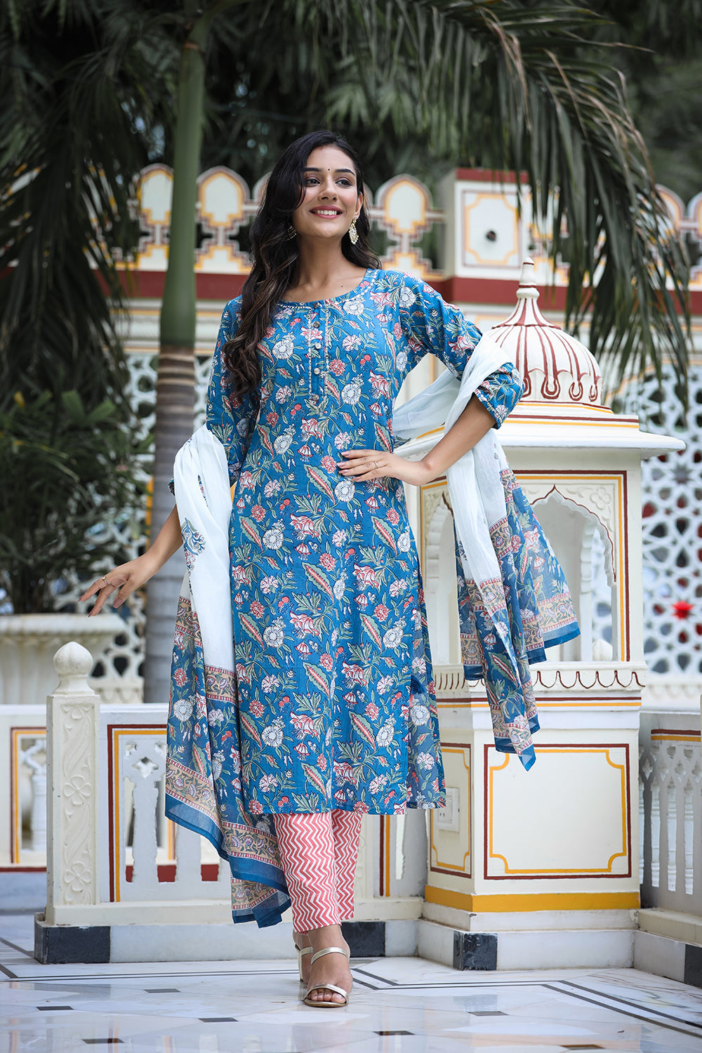 Blue Floral Printed Cotton Suit Set