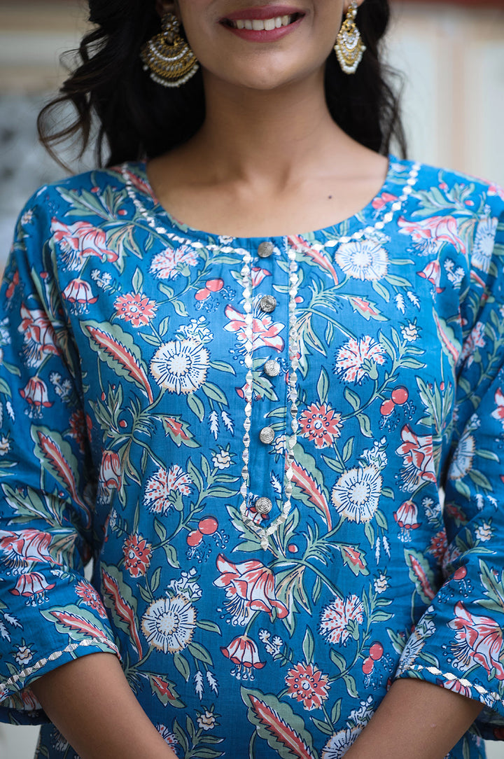 Blue Floral Printed Cotton Suit Set