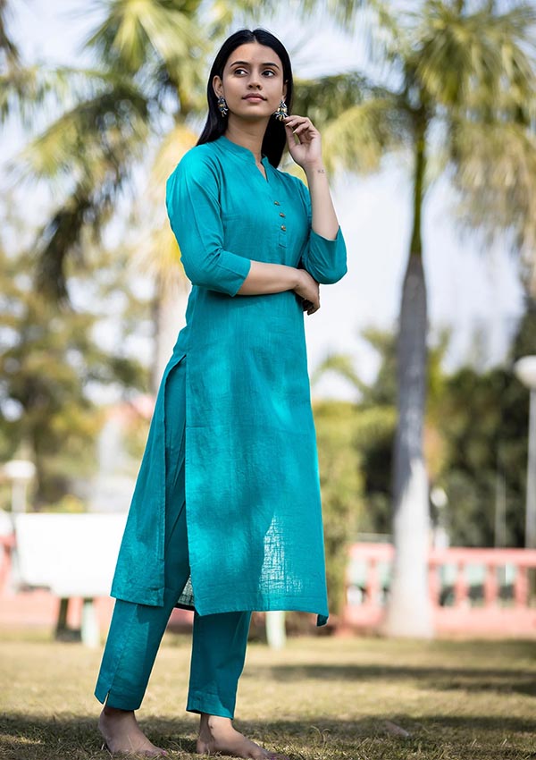 Teal Green Solid Cotton Casual Kurta