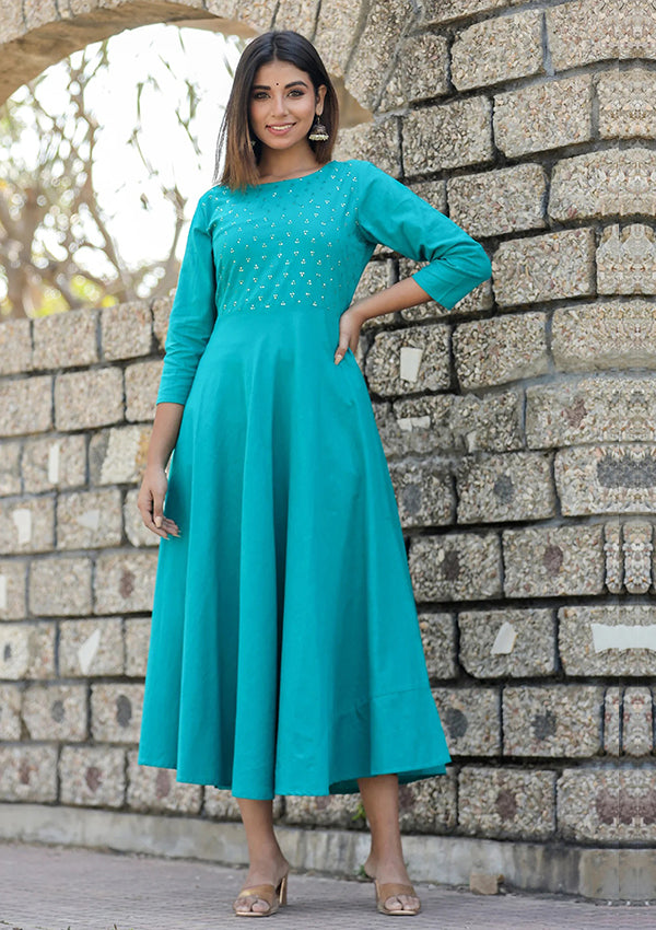 Teal Green Sequin Cotton Anarkali Kurta