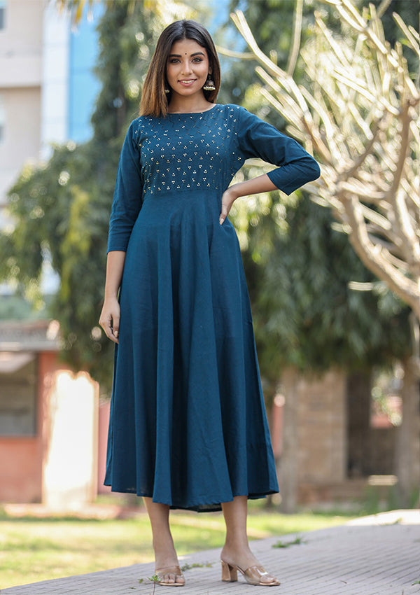 Navy Blue Sequin Cotton Anarkali Kurta