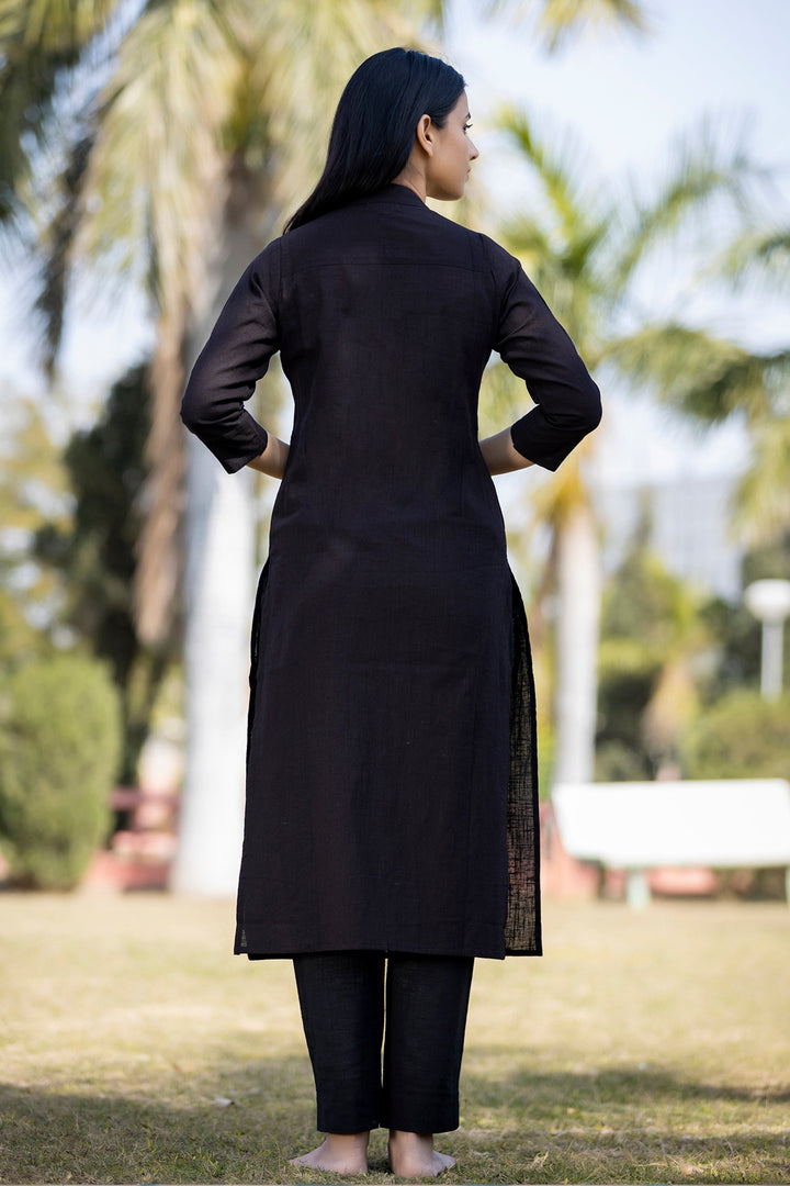 Black Solid Cotton Kurta Pant Set