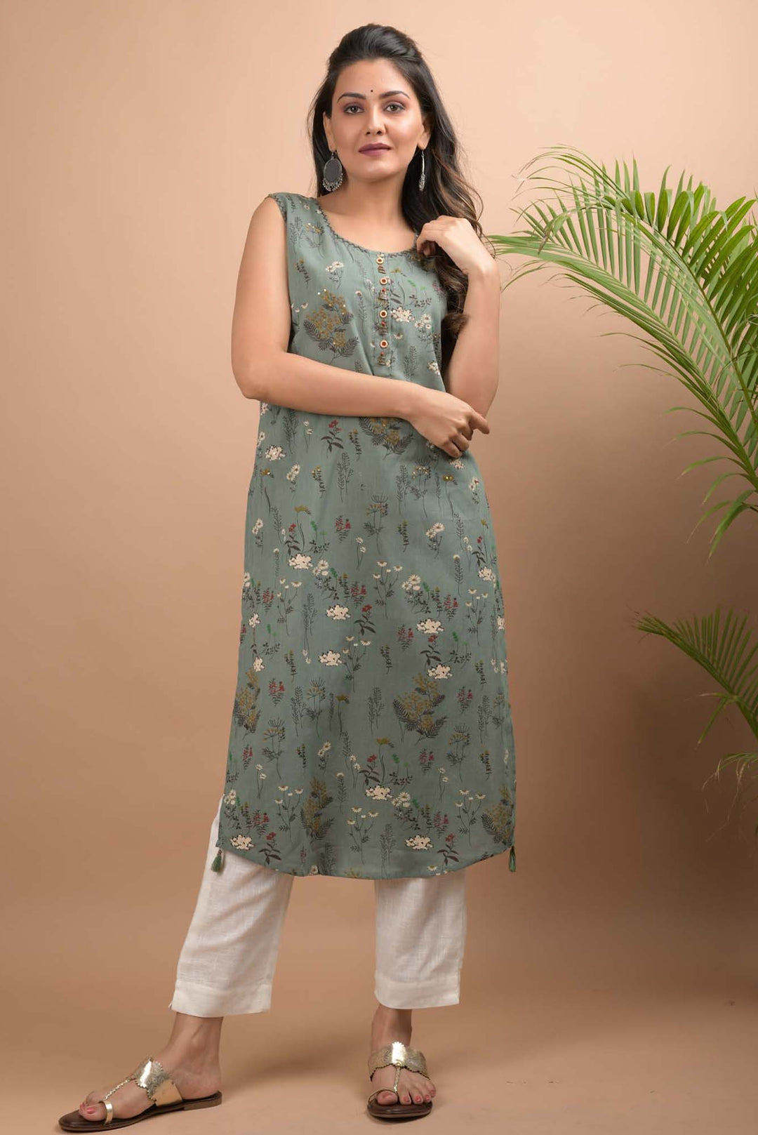 Green Sleeveless Kurta Pant Set