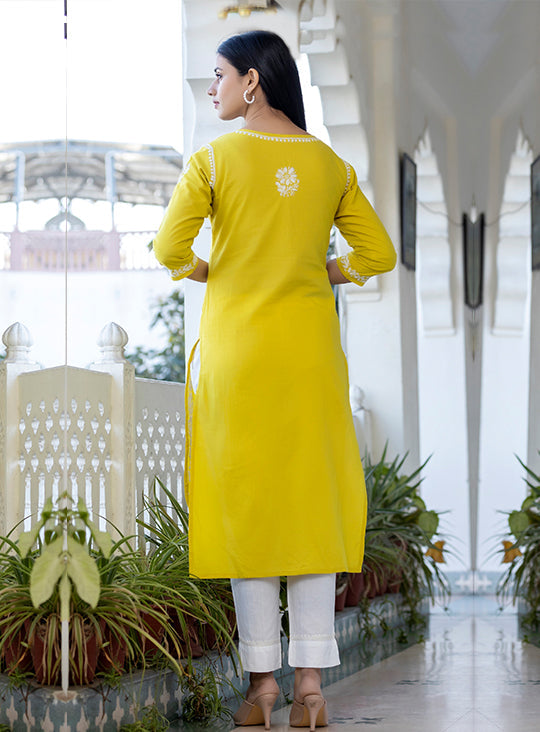 Yellow Hand Embroidered Chikankari Anarkali Kurta Pant With Dupatta Set