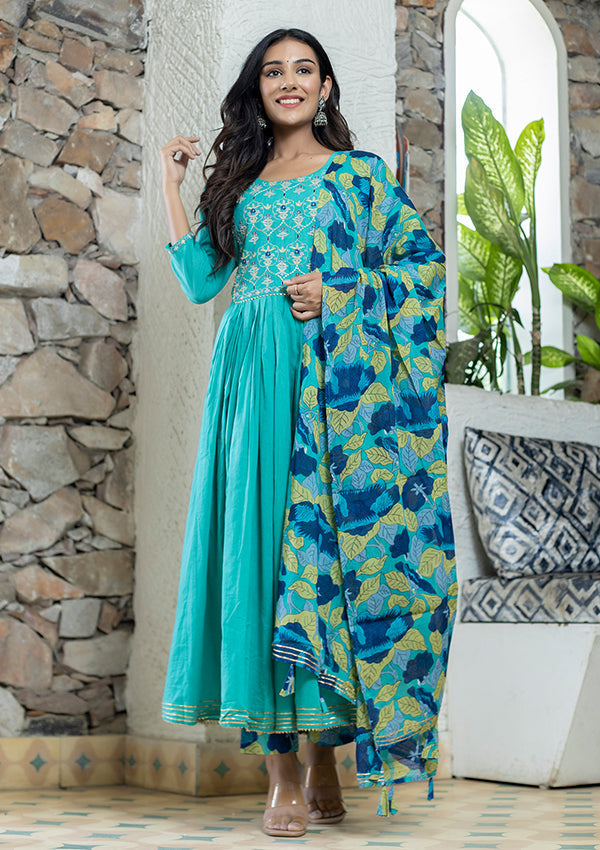 Turquoise Floral Printed Cotton Suit Set