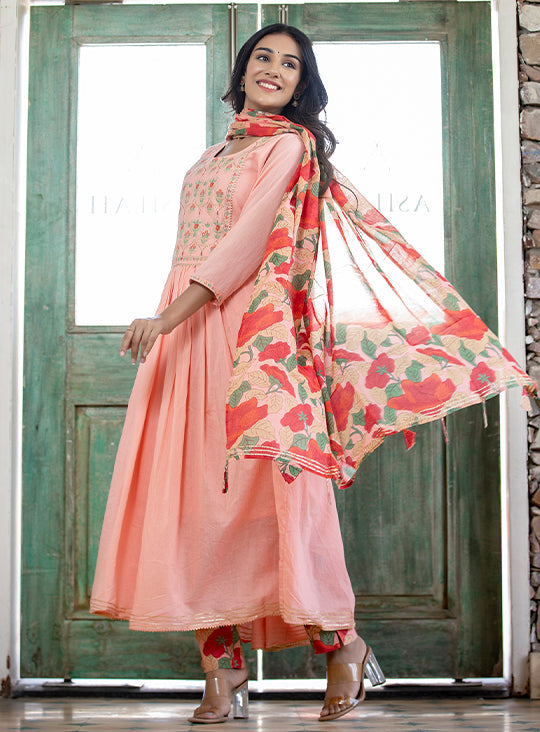 Peach Floral Printed Embroidery Cotton Suit Set