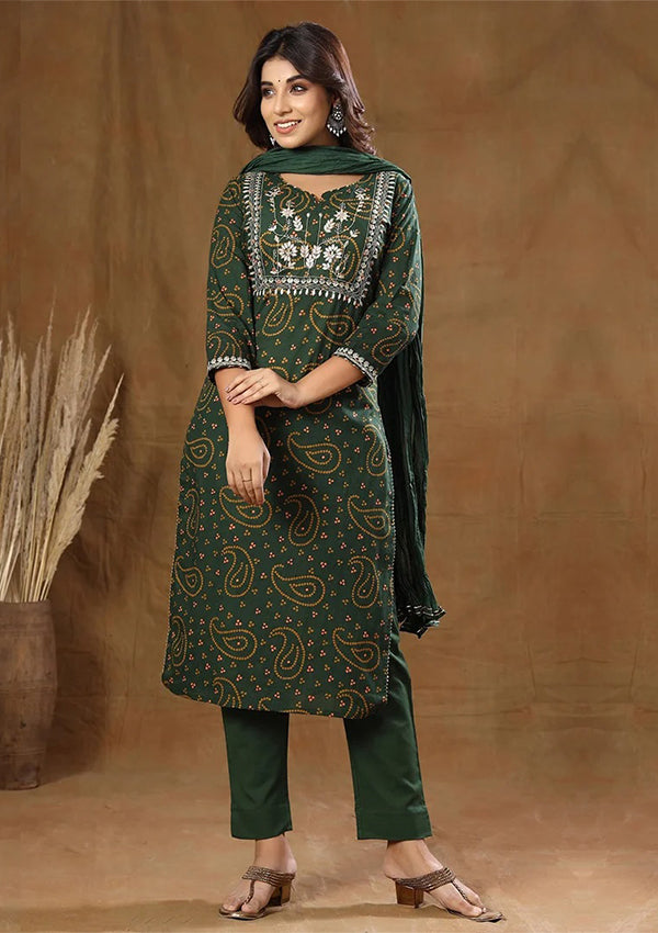 Green Bandhej Embroidery Suit Set