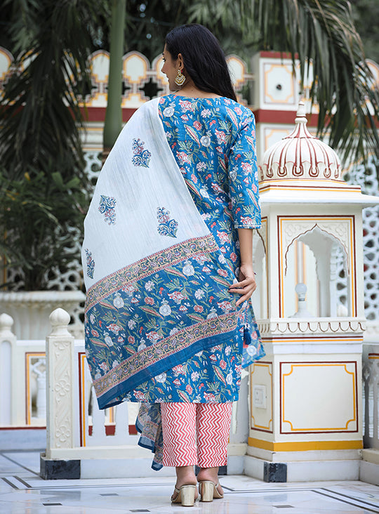 Blue Floral Printed Cotton Suit Set