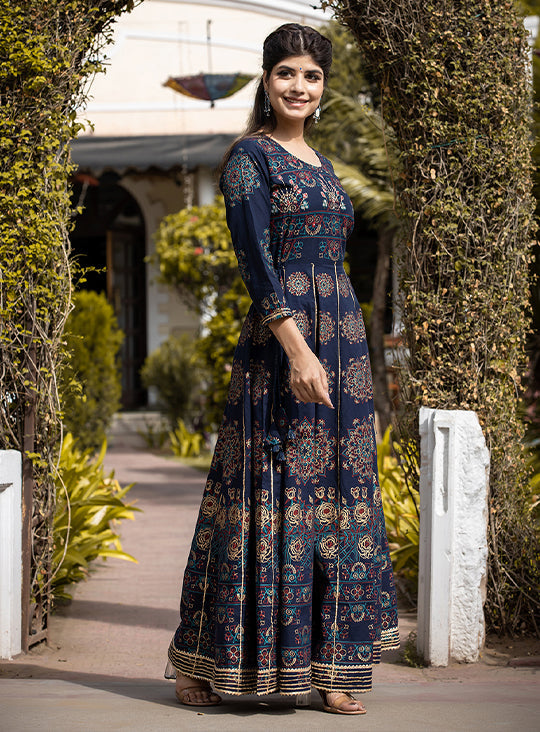 Blue Floral Gold Printed Ethnic Gown