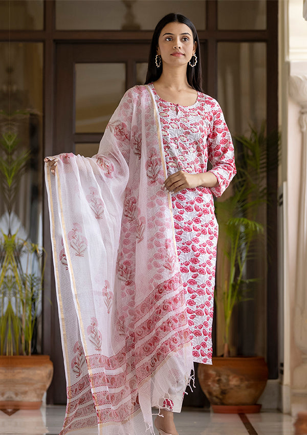 Pink Handblock Printed Cotton Suit Set