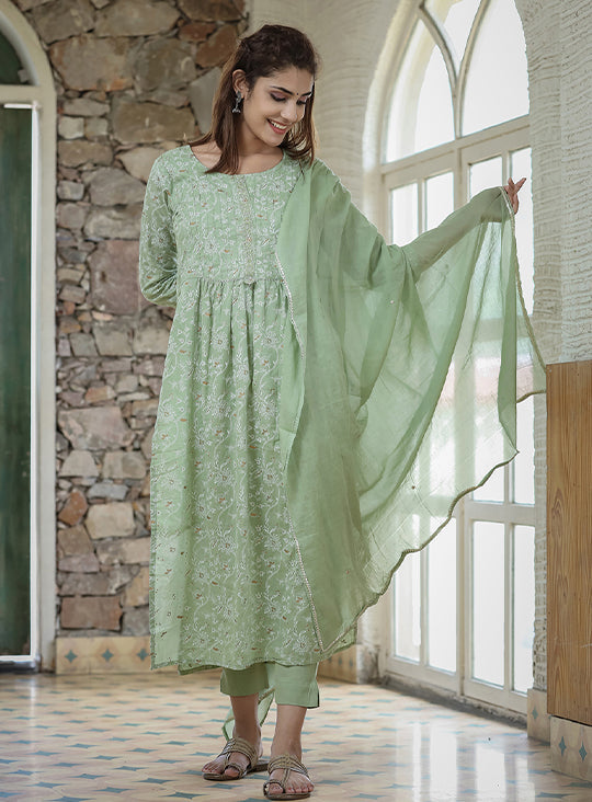 Green Printed Cotton Kurta Pant Set With Dupatta