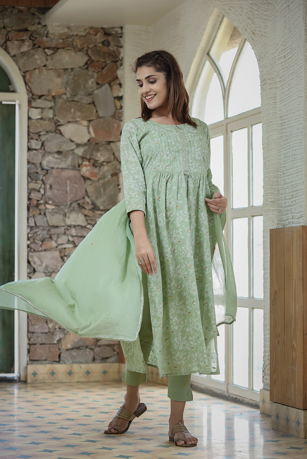 Green Printed Cotton Kurta Pant Set With Dupatta