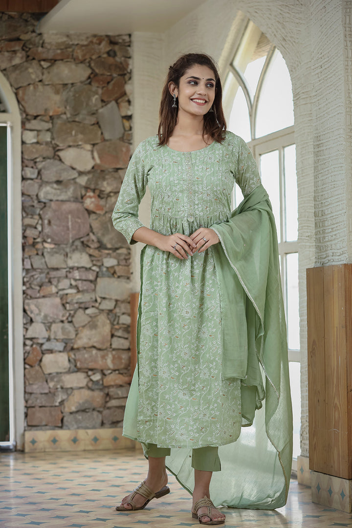 Green Printed Cotton Kurta Pant Set With Dupatta