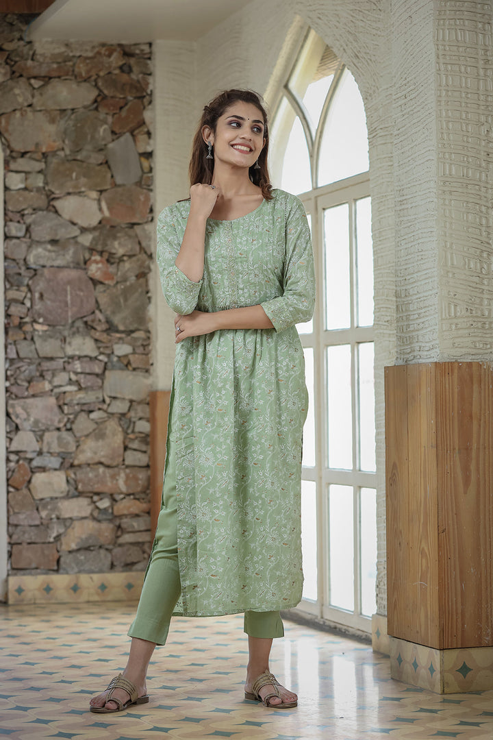 Green Printed Cotton Kurta Pant Set With Dupatta