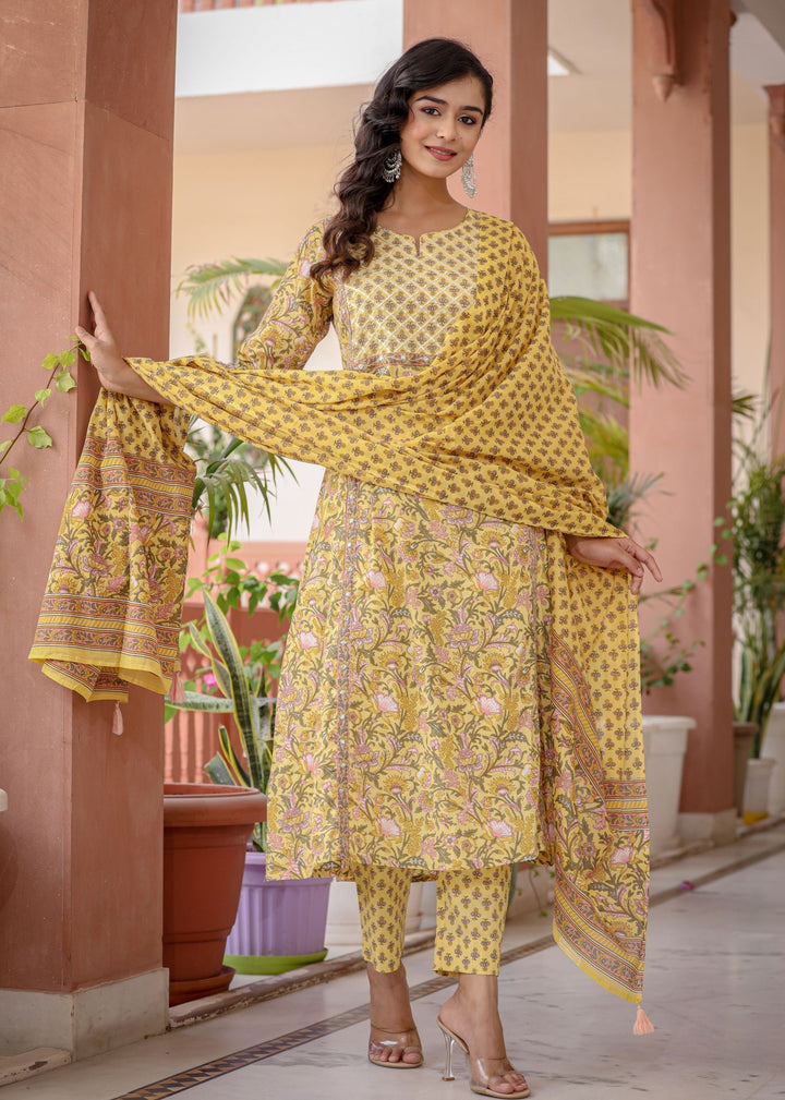 Yellow Floral Printed Cotton Kurta Pant Set With Dupatta (Set Of 3)