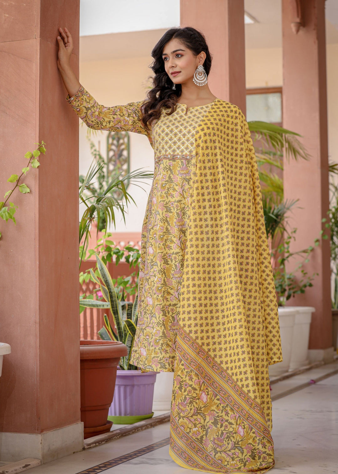 Yellow Floral Printed Cotton Kurta Pant Set With Dupatta (Set Of 3)