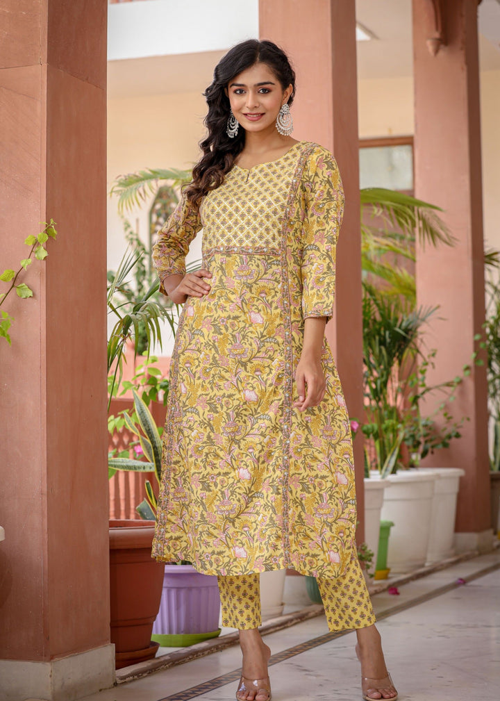 Yellow Floral Printed Cotton Kurta Pant Set With Dupatta (Set Of 3)