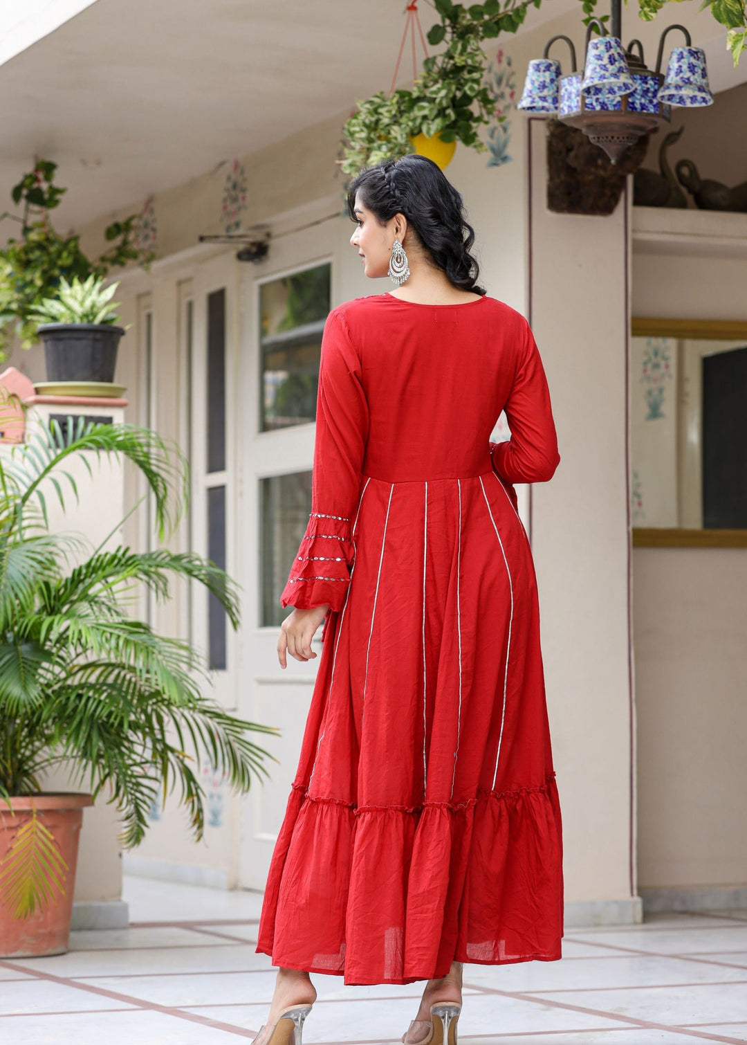 Red Mirror Embroidery Cotton Ethnic Gown